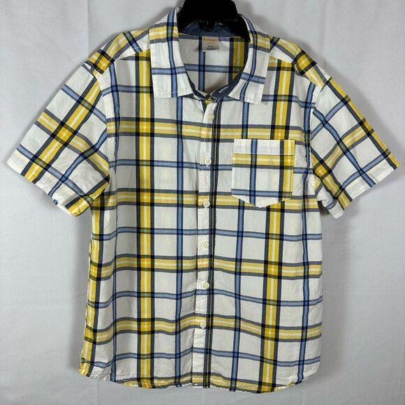 Gymboree Boy Button Down Short Sleeve Plaid Shirt Top Yellow, White Blue L 10/12 - Picture 1 of 6